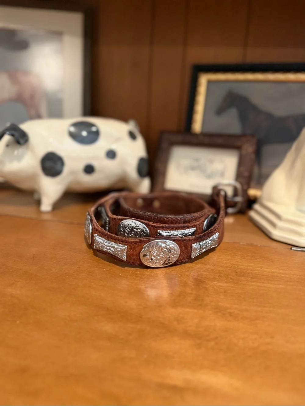 Vintage Western Unisex Tooled Brown Leather Belt with Silver Concho Accents